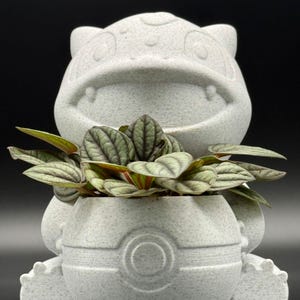 Peut inclure: Un pot en céramique blanc en forme de personnage Pokemon, avec une plante verte qui pousse à l'intérieur. Le pot a une surface texturée et une base ronde.