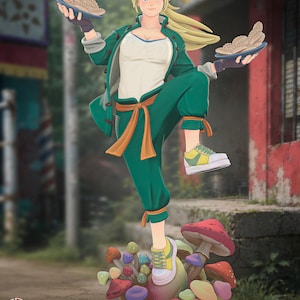 Op de afbeelding: Een blonde karakterfiguur met een groen jasje, wit hemd en groene broek met een oranje sjerp, die twee blauwe borden met dumplings vasthoudt. Het figuur staat op een basis van kleurrijke paddenstoelen en draagt geel-witte sneakers.