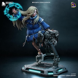 Puede incluir: Figura detallada de una mujer con pelo largo y rubio vestida con una chaqueta azul, de pie sobre una plataforma futurista. La figura sostiene un anillo de energía azul brillante. La base tiene el texto "HIGH-QUALITY PRE-SUPPORTS" y "PATREON.COM/BULKAMANCER".