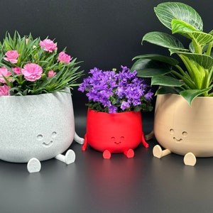 Op de afbeelding: Drie keramische potten met cartoon gezichten en benen. De potten zijn gevuld met planten. De pot links is grijs en heeft roze bloemen. De pot in het midden is rood en heeft paarse bloemen. De pot rechts is beige en heeft groene bladeren.