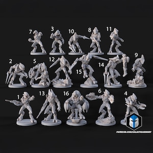 May include: Sixteen grey miniature figurines of futuristic soldiers in dynamic poses. Each figure is highly detailed, with weapons and armour. The figures are numbered and arranged on a dark surface. The text "PATREON.COM/GALACTICARMORY" is visible.