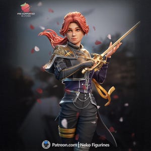 Könnte beinhalten: Detaillierte Figur einer Frau mit roten Haaren, die ein Outfit in Schwarz und Gold trägt und ein goldenes Schwert hält. Die Figur hat einen strengen Ausdruck. Das Bild enthält den Text "PRE-SUPPORTED IN LYCHEE" und "Patreon.com | Neko Figurines".