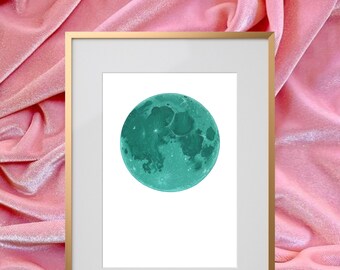Hand Painted Seafoam Full Moon Painting - Moon Phase Paintings, Moon Phase Wall Art, Birthday Moon Artwork