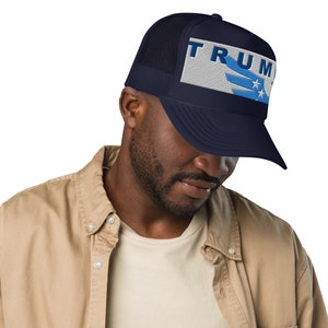 TrumpTrucker Hat 3D Puff Embroidered Foam Trucker MAGA Hat in Light Blue by USA Young Co