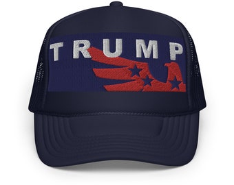 Trump Trucker Hat: 3D Embroidered Eagle, Navy Blue Foam Cap