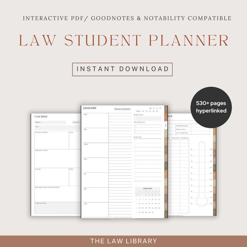 K&ouml;nnte beinhalten: Ein digitaler Planer f&uuml;r Jurastudenten mit einer Seite f&uuml;r Fallzusammenfassungen, einer Seite f&uuml;r einen Monatskalender und einer Seite f&uuml;r einen Wochenplan. Der Planer ist kompatibel mit den Apps GoodNotes und Notability und enth&auml;lt &uuml;ber 530 hyperverlinkte Seiten. Der Planer ist zum sofortigen Download verf&uuml;gbar.