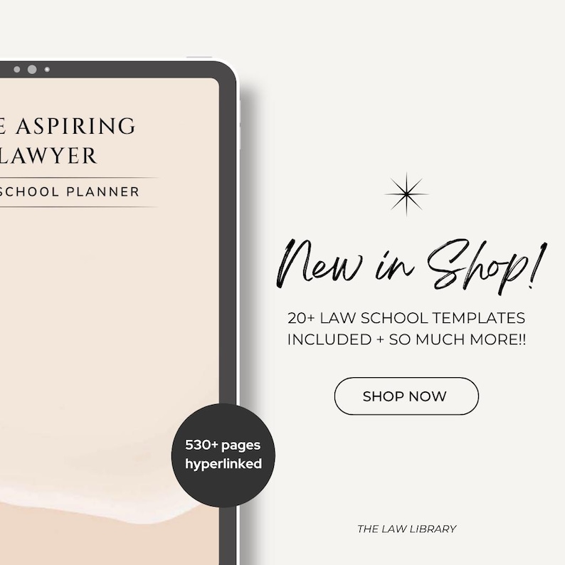K&ouml;nnte beinhalten: Ein digitales Tablet zeigt einen Jura-Studienplaner mit dem Text "E Aspiring Lawyer School Planner". Der Planer hat &uuml;ber 530 verlinkte Seiten. Das Bild enth&auml;lt auch den Text "New in Shop! 20+ Law School Templates Included + So Much More!! Shop Now The Law Library".