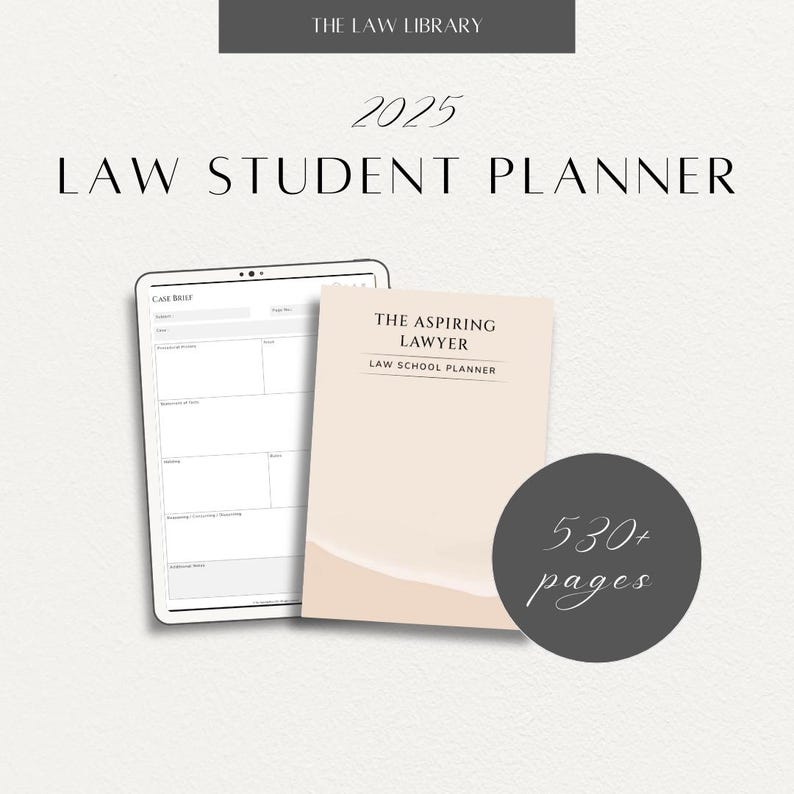 K&ouml;nnte beinhalten: Ein digitaler Planer f&uuml;r Jurastudenten mit dem Titel "The Aspiring Lawyer Law School Planner". Der Planer ist auf einer Seite mit dem Titel "Case Briefs" ge&ouml;ffnet und hat einen hellbeigen Einband mit einem wellenf&ouml;rmigen Design. Der Text "530+ Seiten" wird in einem grauen Kreis angezeigt.