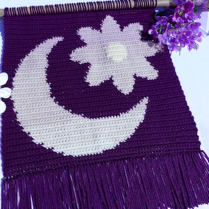 Easy Tapestry Crochet Pattern | Moon Wall Hanging Crochet Pattern | Boho Crochet Pattern | Crescent Moon Flower Crochet Tapestry
