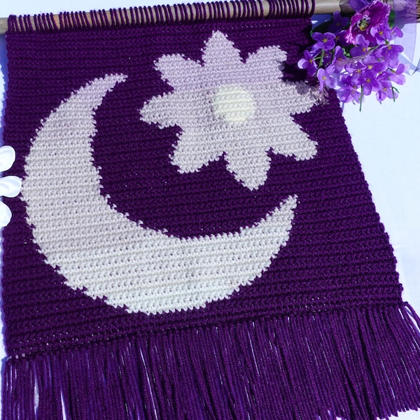 Easy Tapestry Crochet Pattern | Moon Wall Hanging Crochet Pattern | Boho Crochet Pattern | Crescent Moon Flower Crochet Tapestry