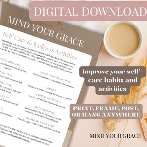Self-Care and Wellness Activity Checklist, Self Care Planner, Self Care Wall Art, Self Care Printable Template, Daily Reminders, Affirmation