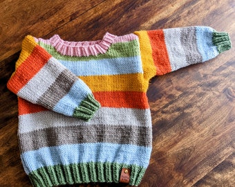 Hand knit Multi color Christmas sweater for toddlers handmade pullover generous fit 18-24 months