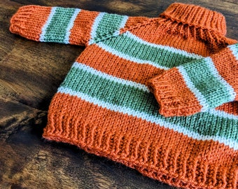 Green - Orange striped Overseized long sleeved  Hand knit  sweater pullover with turtle neck collar for babies  generous fit 6 months