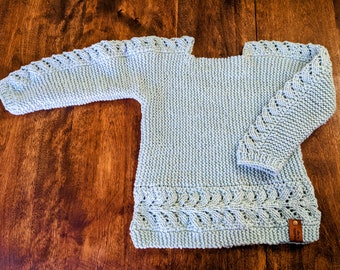 Handknitted Dusty Mint Green Toddler sweater pullover with Norwegian Fir Pattern in cotton Yarn, 3 years