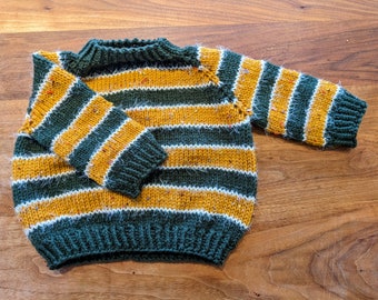 Yellow-Green striped Overseized long sleeved  Hand knit  sweater pullover for babies  generous fit 6-9 months