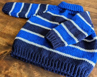 Blue striped Overseized long sleeved  Hand knit  sweater pullover with turtle neck collar for babies  generous fit 9-12 months