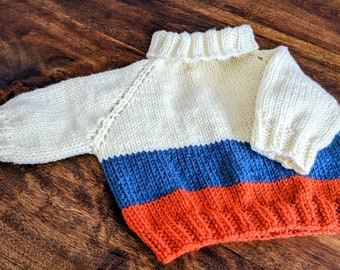 Overseized long sleeved multi color Hand knit  sweater pullover with turtle neck collar for babies  generous fit 9 months