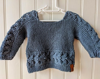 Handknitted Deep teal blue Baby sweater pullover with Norwegian Fir Pattern in cotton Yarn, 3-6  months