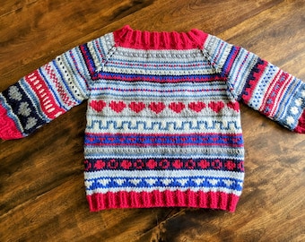 Hand knit Multi color jacquard jersey for toddlers Fair Isle handmade pullover generous fit 4 years