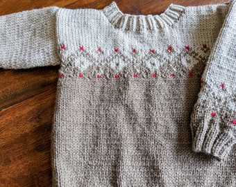 Hand knit Taupe - Beige Christmas sweater for toddlers geometric Nordic pattern Fair Isle handmade pullover generous fit 18-24 months