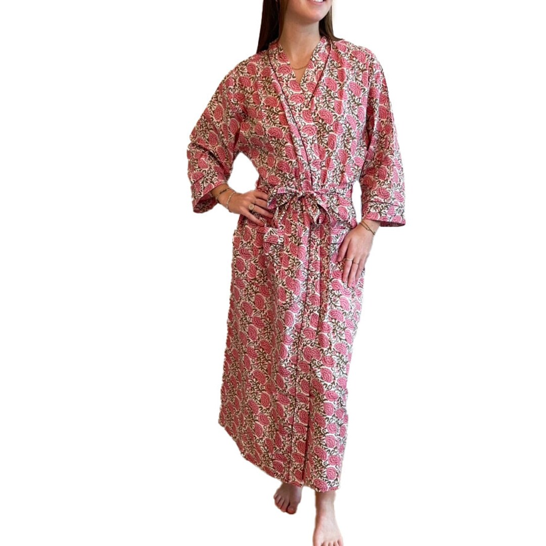 Pink Print Ruffle Trim Robe Cotton Block Print Robe, Pink Floral Fan Print - Etsy