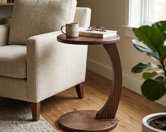 C Shaped Side/End Table, Sofa Side Table, Coffee Table For Living Room, 100percent Solid Hornbeam Wood Table, Round Side Table, Laptop Stand