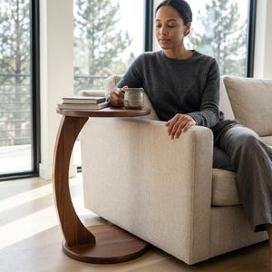 Solid Hornbeam Wood C-Shaped Side Table, Round Living Room Coffee Table