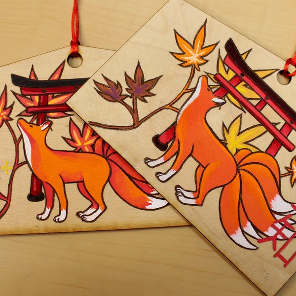 Renard Kitsune, Dessin original sur bois, Ema Japonais