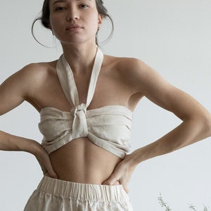 Linen Bandeau Halter Neck Top COVE, Elastic Bow Bustier with Removable Neck Strap, Double Layered Linen Tube Top, Minimalist Summer Clothing