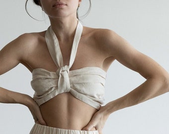 COVE Modern Unique 100% Linen Bow Bandeau Crop Top for Women | Double Layered Front Panel | Women's Custom Linen Clothing USA | Gift for Her