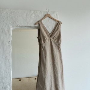 Bias Cut Fitted Dress JUNE, Deep V-Neck Midi Elegant Slip Dress in Sand Color, Relaxed 100% Soft Linen Camisole Dress, Wedding Guest Dress