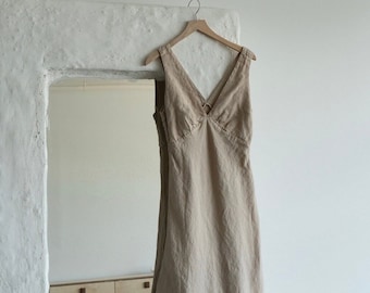 Bias Cut Fitted Dress JUNE, Deep V-Neck Midi Elegant Slip Dress in Sand Color, Relaxed 100% Soft Linen Camisole Dress, Wedding Guest Dress