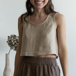 Linen Crop Tank Top RUE, Wide Strap Boxy Top, Loose Fit Scoop Neck Top, Soft 100% Linen Summer Sleeveless Shirt, Custom Basic Minimalist Top