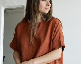Oversized Boxy Linen T-Shirt MONA, Short Sleeve Top, Custom Made to Order Relaxed Fit Soft 100% Linen Top, Minimalist Boho Summer Clothing