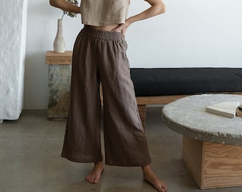 EVIE Soft Linen Culottes for Women | Wide Leg Cropped Brown Everyday Pants with Pockets and Elastic Waist | Custom Linen Clothing Made USA