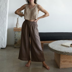 EVIE Soft Linen Culottes for Women Wide Leg Cropped Brown Everyday Pants with Pockets and Elastic Waist Custom Linen Clothing Made USA image 1