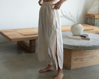 Linen Wide Leg Pants MAVI, Side Slit 100% Linen Culottes with Pockets, Handmade Linen Trousers, Elastic Waist Pants, French Seams Clothing