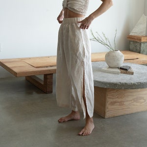 Linen Wide Leg Pants MAVI, Side Slit 100% Linen Culottes with Pockets, Handmade Linen Trousers, Elastic Waist Pants, French Seams Clothing