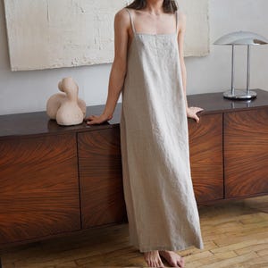Spaghetti Strap Linen Dress MARINE, 100% Soft Linen A Line Midi Dress with Straight Neckline, Minimalist Relaxed Sleeveless Summer Dress