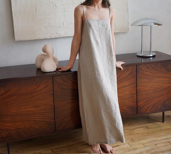 knee length dresses for ladies Hazel Thin Strap Long Linen Dress (DT128) 286 Cashmere / One Size main image 0