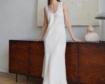 Linen Bias Cut Midi Dress NORI: Scoop Neck Slip, Breezy Summer Dress, Elegant Wedding Guest Style