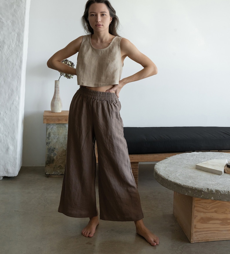 EVIE Soft Linen Culottes for Women Wide Leg Cropped Brown Everyday Pants with Pockets and Elastic Waist Custom Linen Clothing Made USA image 1