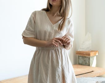 Soft Linen Dress with Side Slit SKYE, Kimono Loose Fitted Dress, Relaxed V-neck Long Summer Dress, Elastic Waist Midi 100% Linen Dress