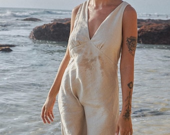 Elegant Fitted Midi Dress JUNE, Deep V-neck Bias Cut Cocktail Slip Dress, A Line Wedding Guest Long Camisole Dress, Pure Linen Summer Dress
