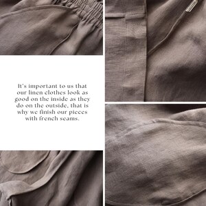 Pode incluir: Imagens em close-up de roupas de linho marrom, mostrando detalhes como a cintura el&aacute;stica, bolsos e costuras. O tecido tem uma apar&ecirc;ncia texturizada. O texto na imagem diz: "&Eacute; importante para n&oacute;s que nossas roupas de linho fiquem t&atilde;o boas por dentro quanto por fora, por isso finalizamos nossas pe&ccedil;as com costuras francesas."
