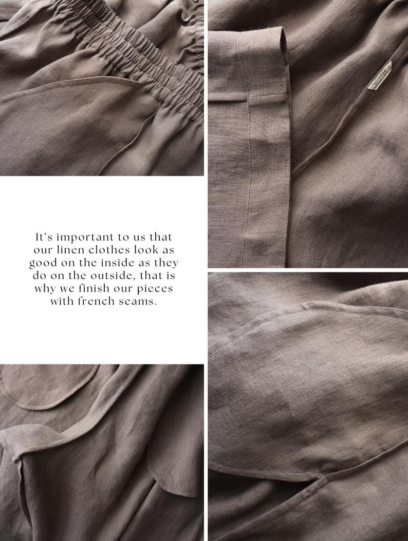 Pode incluir: Imagens em close-up de roupas de linho marrom, mostrando detalhes como a cintura el&aacute;stica, bolsos e costuras. O tecido tem uma apar&ecirc;ncia texturizada. O texto na imagem diz: "&Eacute; importante para n&oacute;s que nossas roupas de linho fiquem t&atilde;o boas por dentro quanto por fora, por isso finalizamos nossas pe&ccedil;as com costuras francesas."