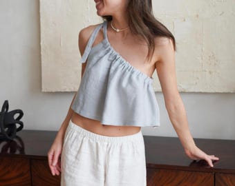 One Shoulder Gathered Top LIR, Soft Washed 100% Linen Crop Top with Tie Strap, Loose Boxy Blouse, Effortless Summer Top, Custom Linen Top