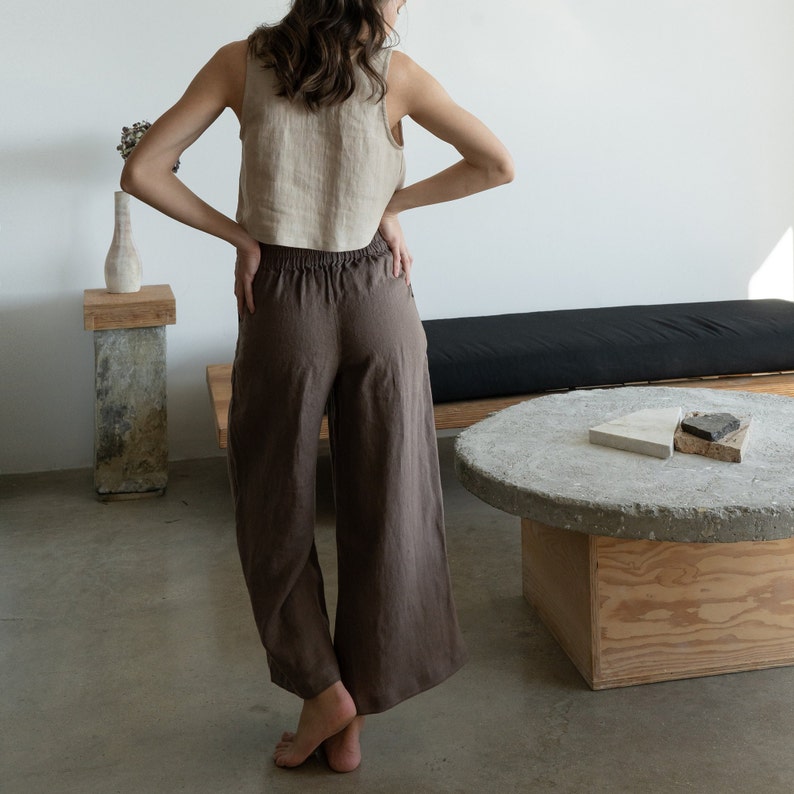 EVIE Soft Linen Culottes for Women Wide Leg Cropped Brown Everyday Pants with Pockets and Elastic Waist Custom Linen Clothing Made USA image 2