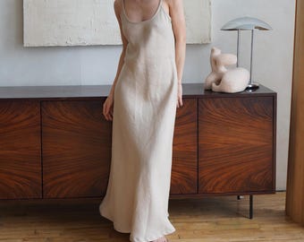 Midi Linen Dress Wedding Guest ELEA, Fitted Slip Elegant Dress, Scoop Neck Linen Dress, Relaxed 100% Soft Linen Bias Cut Dress in Sand Color