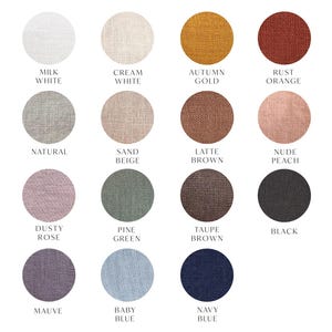Pode incluir: Uma paleta de cores com 15 amostras de tecido em v&aacute;rias tonalidades. As cores incluem Milk White, Cream White, Autumn Gold, Rust Orange, Natural, Sand Beige, Latte Brown, Nude Peach, Dusty Rose, Pine Green, Taupe Brown, Black, Mauve, Baby Blue e Navy Blue.